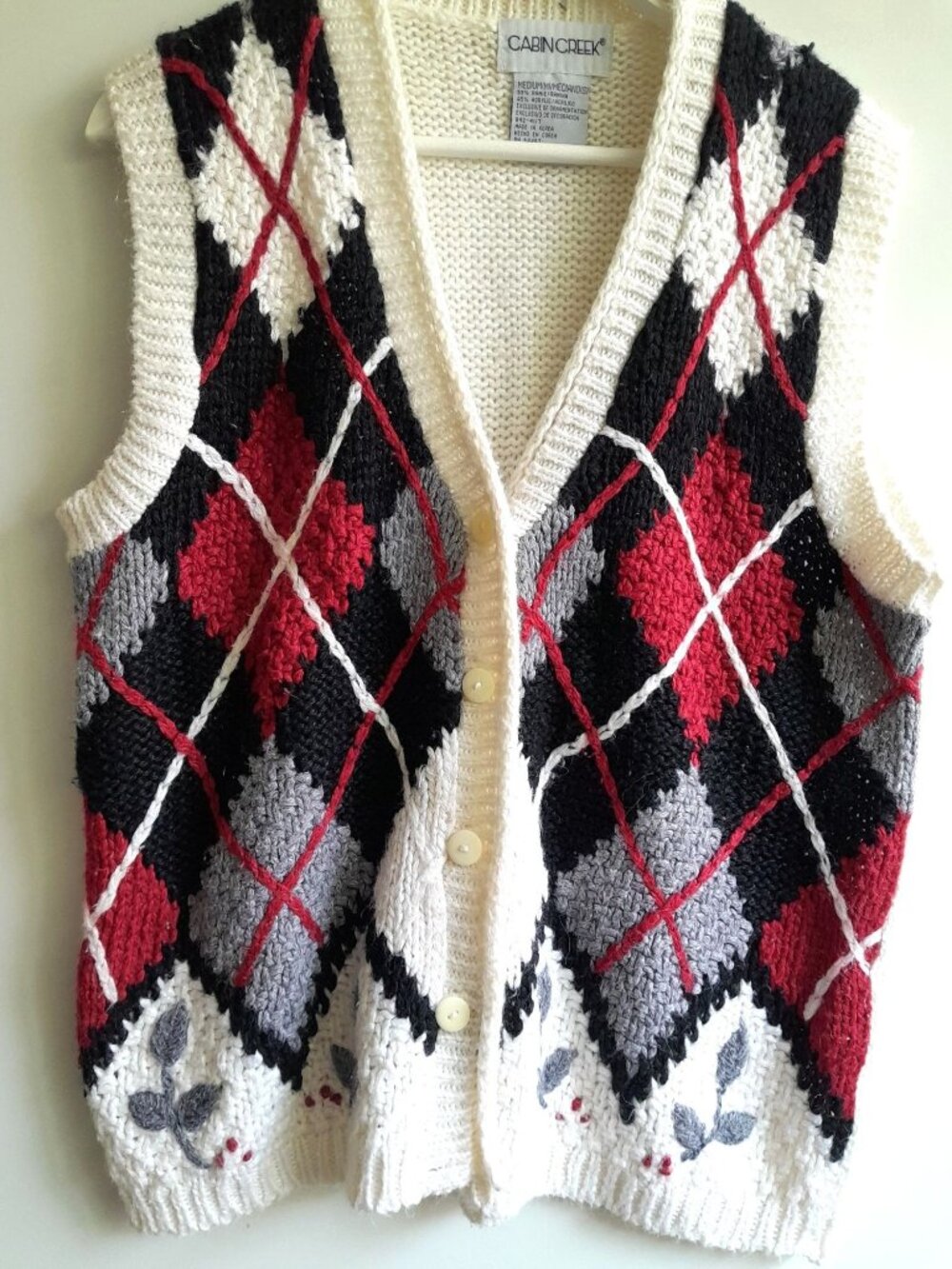 Vtg Cabin Creek Womens Medium Argyle Preppy Grandmacore Cozy Open Knit Cardigan